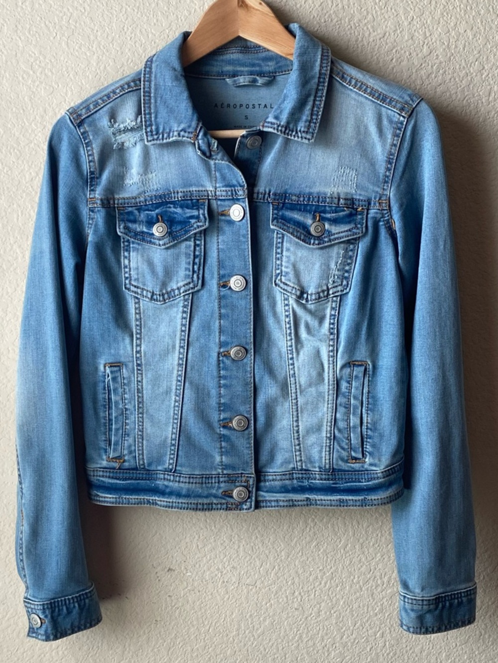 AEROPOSTALE Women's Jean Jacket S Medium Blue Soft Stretch Denim Distressed Aero